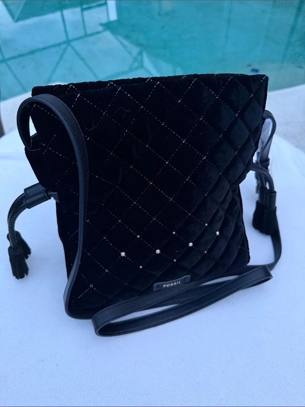 Fossil Black Quilted Velvet Crossbody with Stud Accents